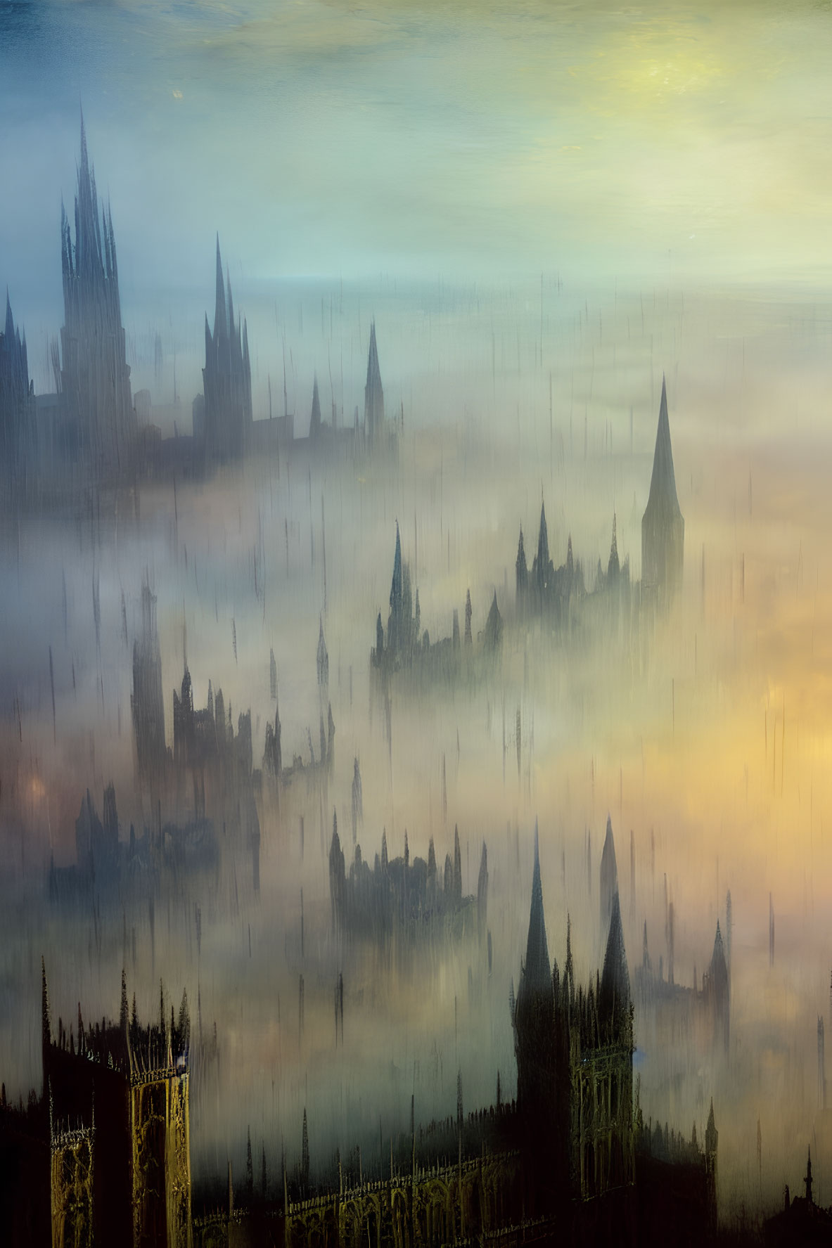 Mystical Gothic architecture silhouetted in twilight fog