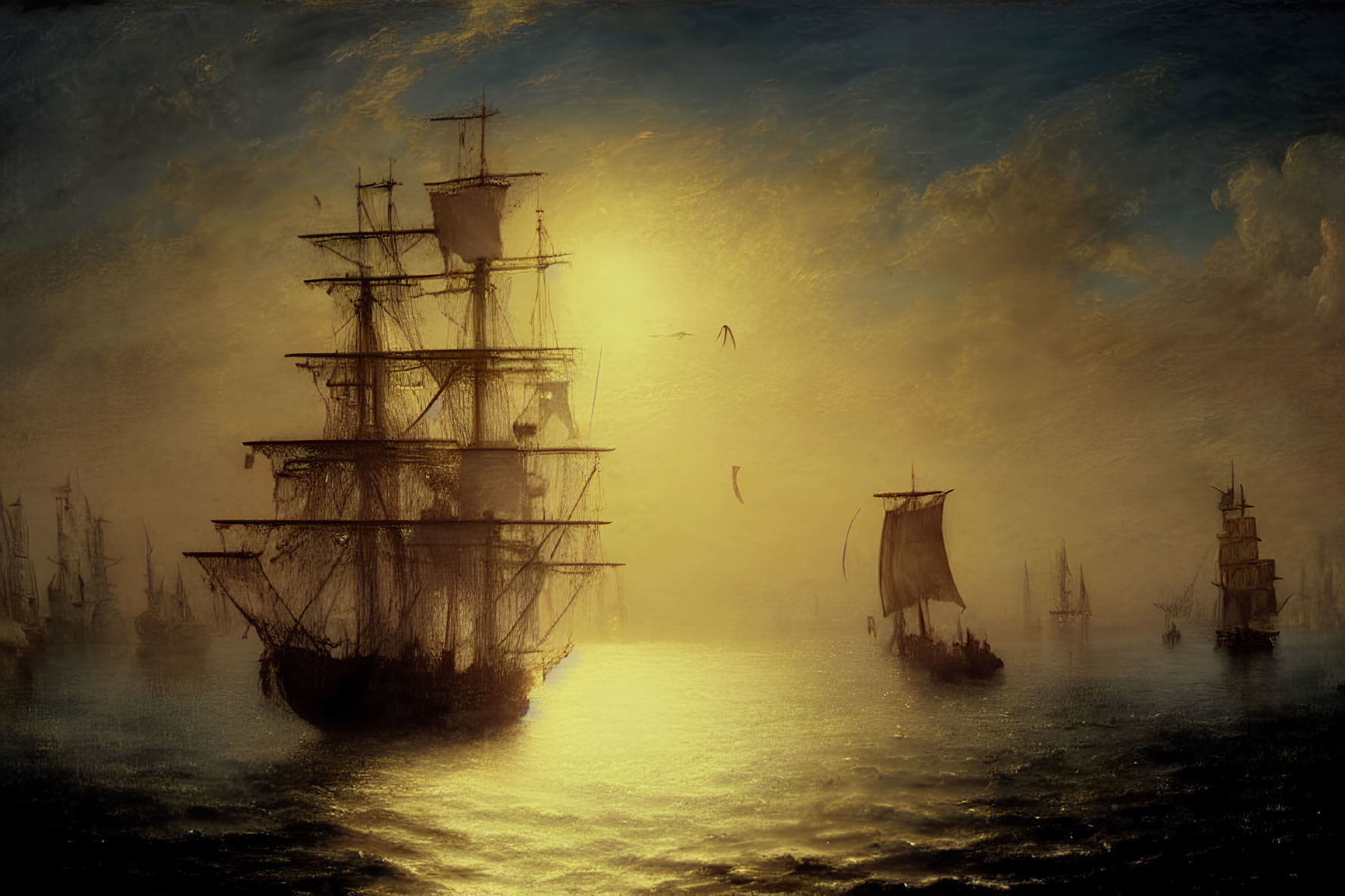 Golden sunset at sea with tall ship silhouettes, water reflections, birds, and hazy atmosphere