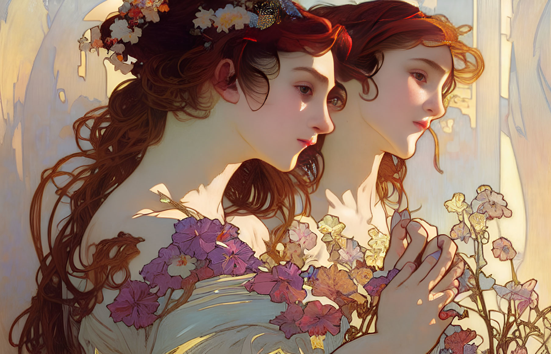 Two women with floral crowns and intricate hairstyles in warm light
