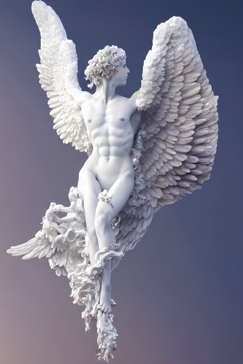 Detailed 3D rendering of classical angel statue with marble wings on ombré background