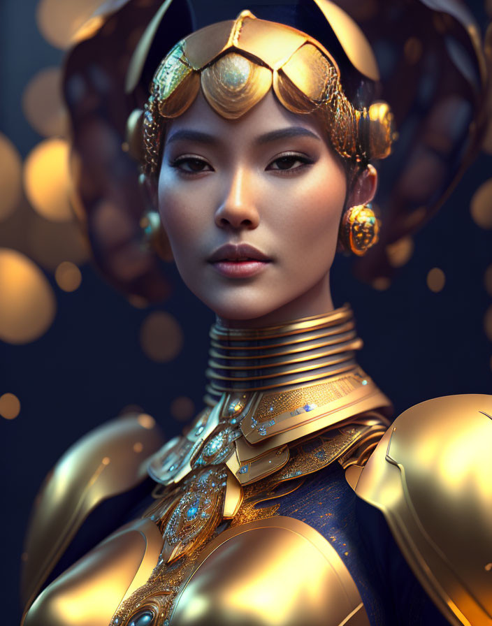 Digital art portrait of a woman in golden armor against dark background