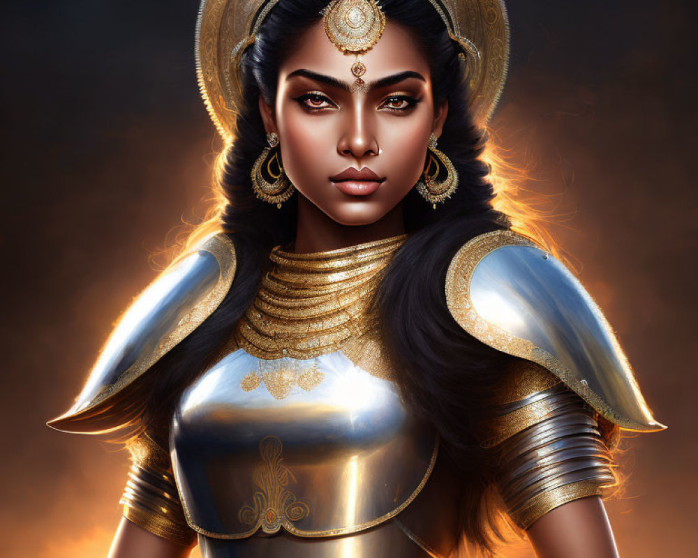 Warrior woman digital artwork in ornate golden armor against fiery backdrop