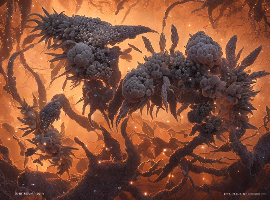 Alien forest with bioluminescent trees and spore-like structures in warm, orange glow