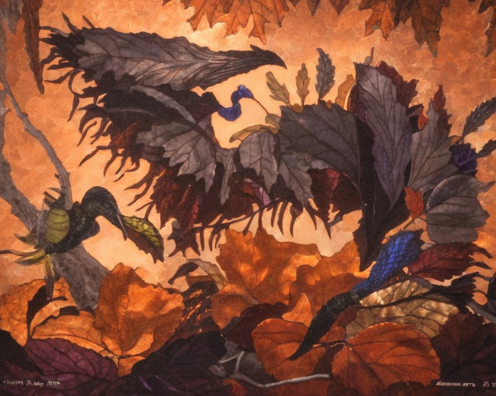 Autumn leaves painting with hidden dragon-like birds among foliage