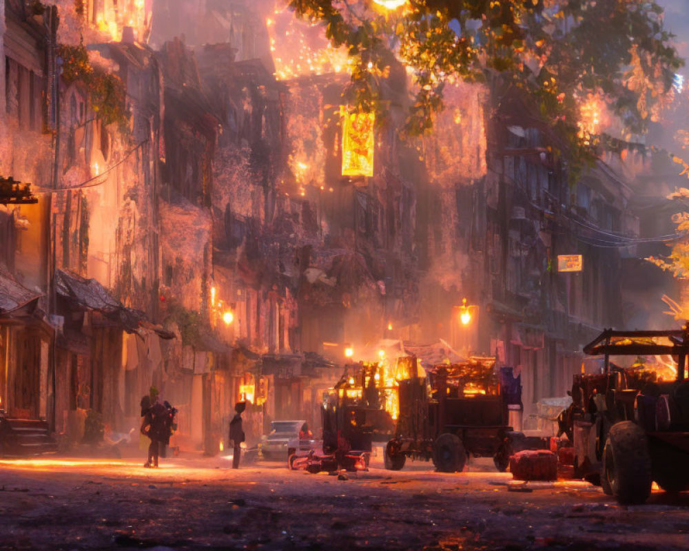 Street at Dusk: Buildings on Fire, Glowing Embers, Chaotic Aftermath