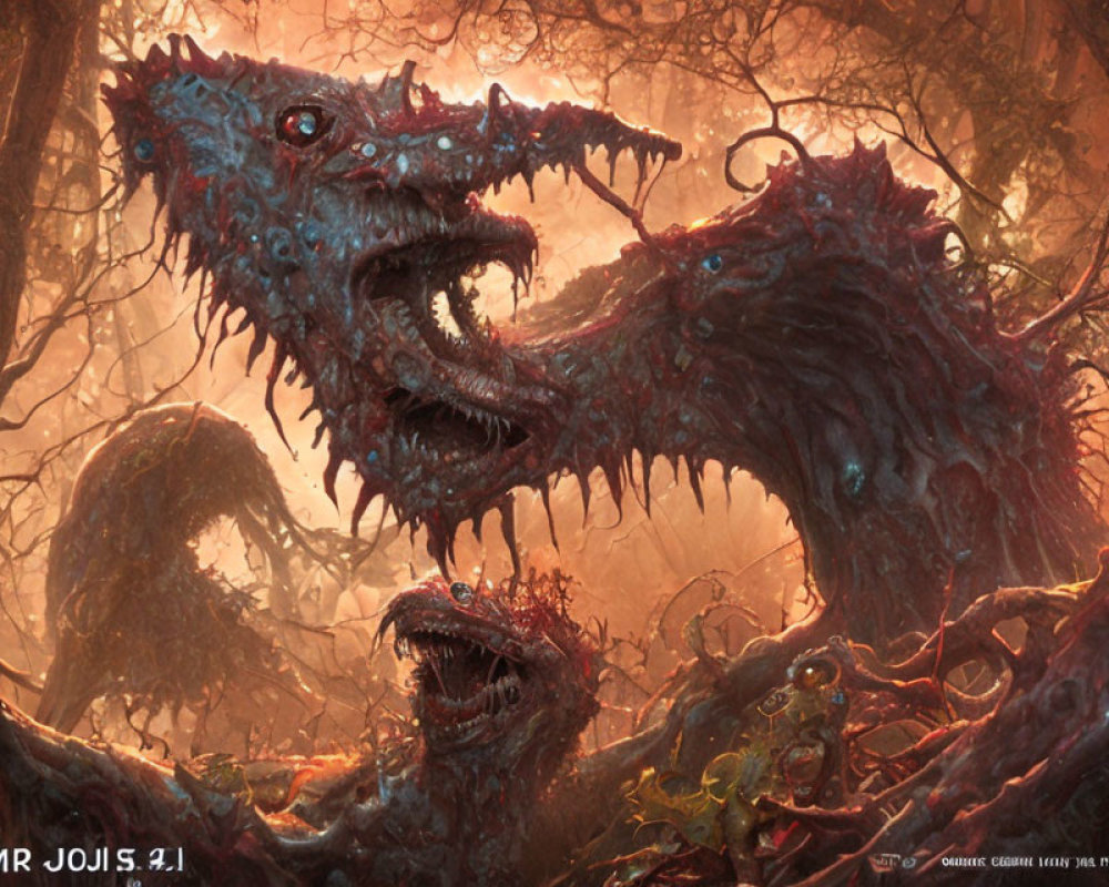 Fantastical three-headed monster in eerie forest scene