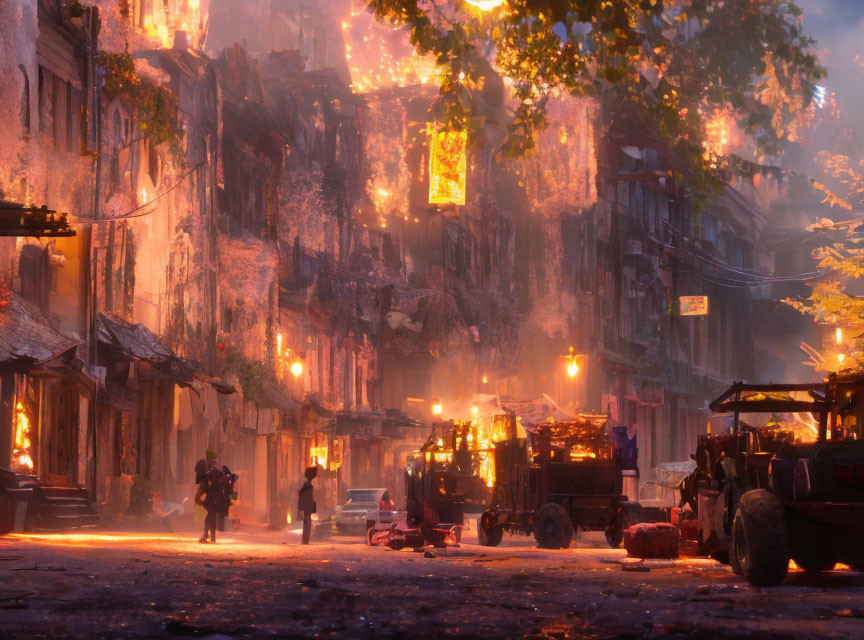 Street at Dusk: Buildings on Fire, Glowing Embers, Chaotic Aftermath