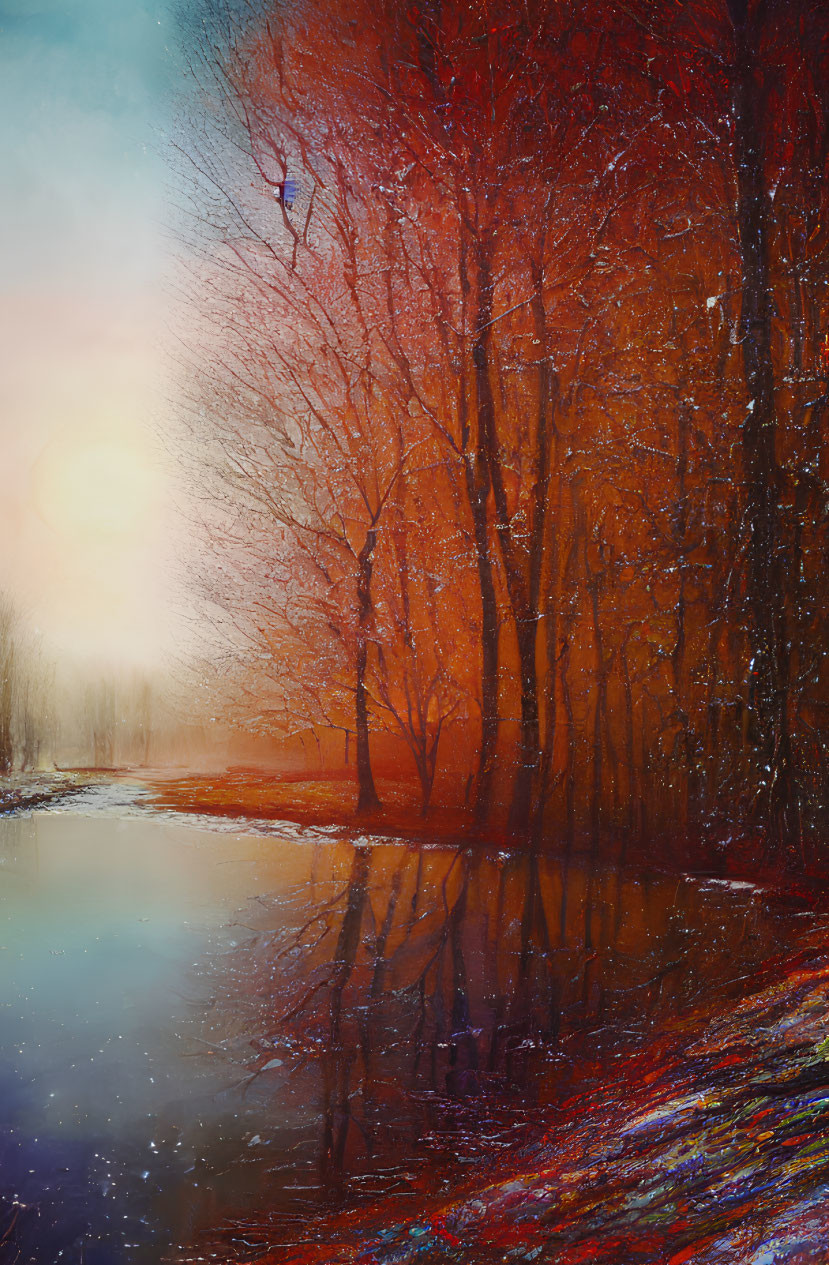 Sunlit snowy landscape with river and red-leafed trees in glowing sky