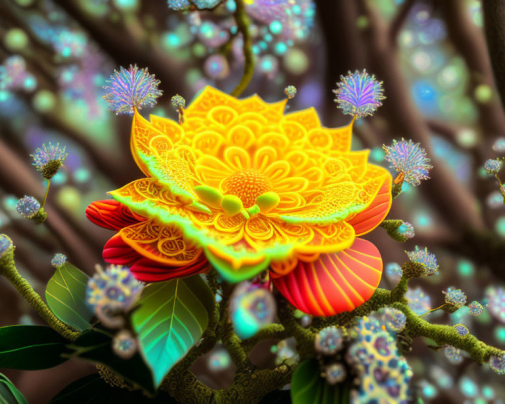 Colorful ornate flower with yellow and orange patterns on a fantastical backdrop.