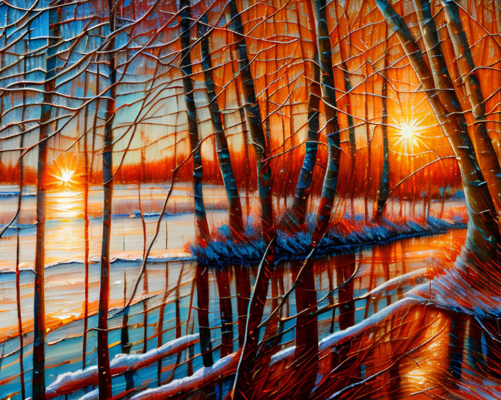 Snowy forest at sunset: vibrant oranges and blues, bare trees, sun casting long shadows