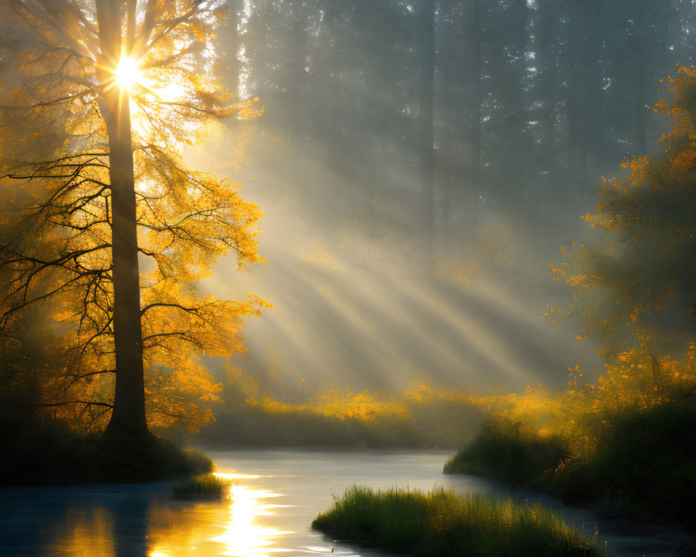 Sun rays through mist in serene forest: Golden leaves by calm river at sunrise or sunset