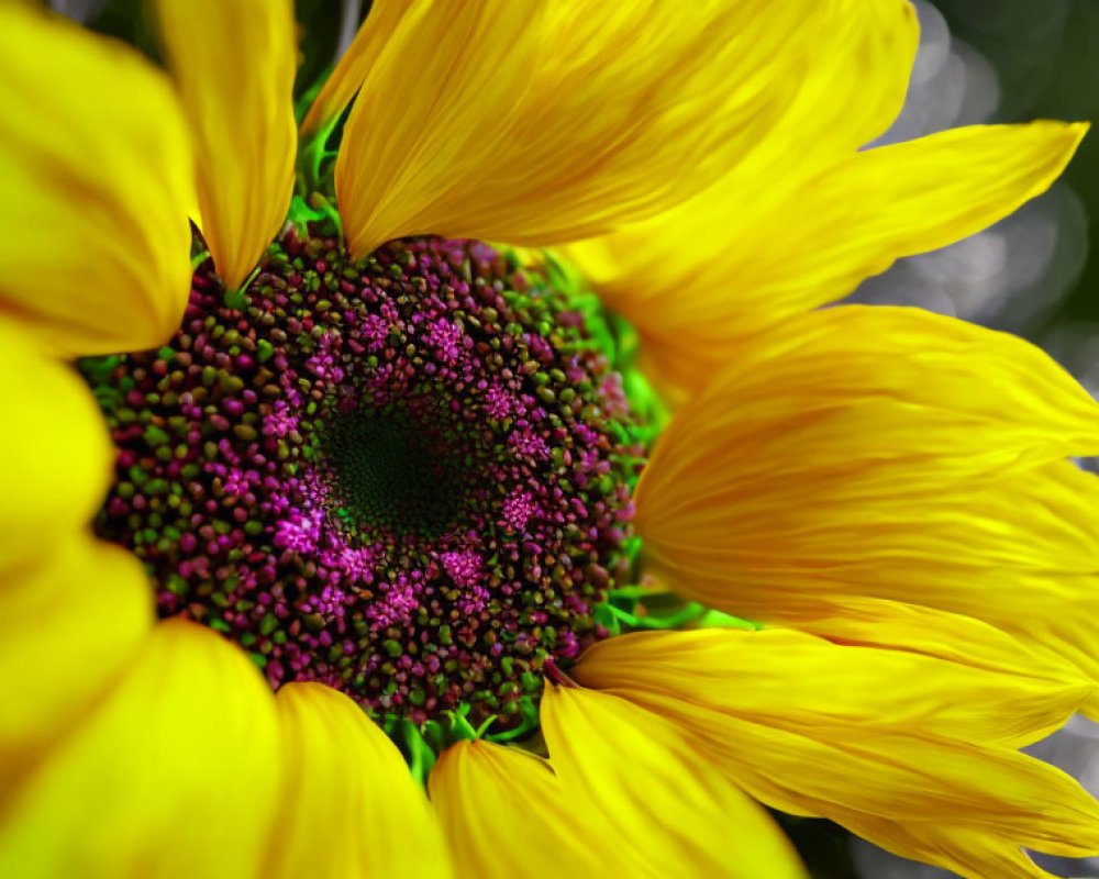 Detailed Close-Up of Vibrant Sunflower with Yellow Petals and Dark Purple Center