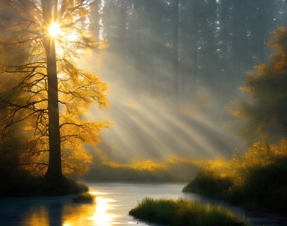Sun rays through mist in serene forest: Golden leaves by calm river at sunrise or sunset