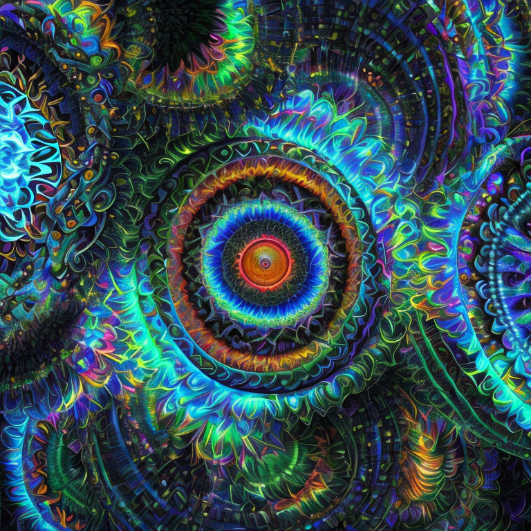 Colorful fractal pattern with swirling designs in blues, greens, and oranges around a central red eye