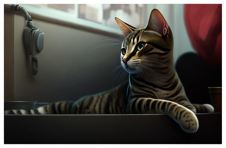 Tabby cat with distinctive markings on kitchen counter by window and sink.
