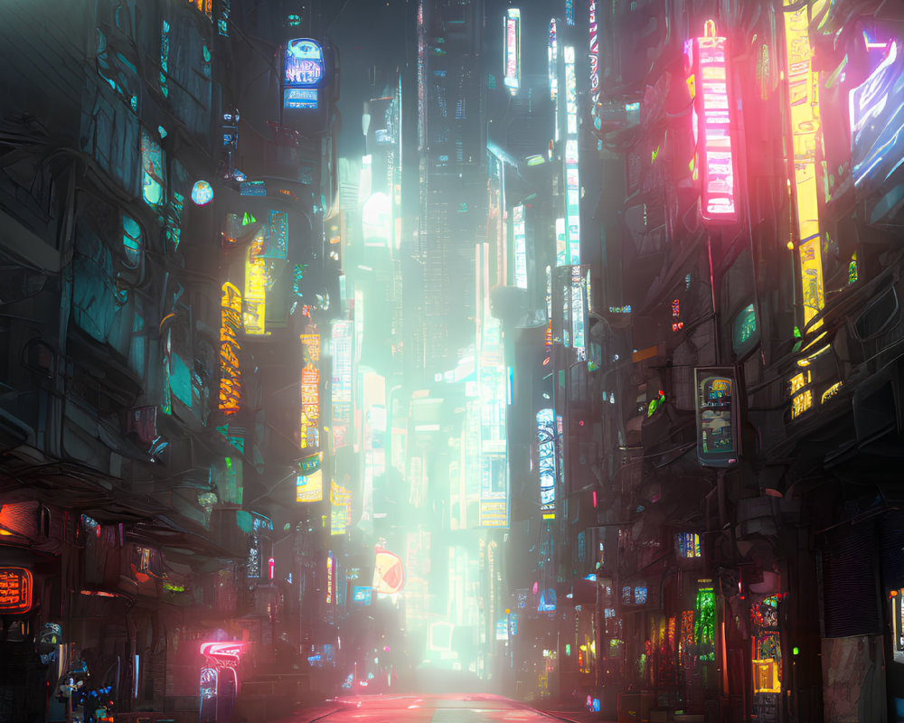 Vibrant neon futuristic cityscape with skyscrapers and multilingual signs