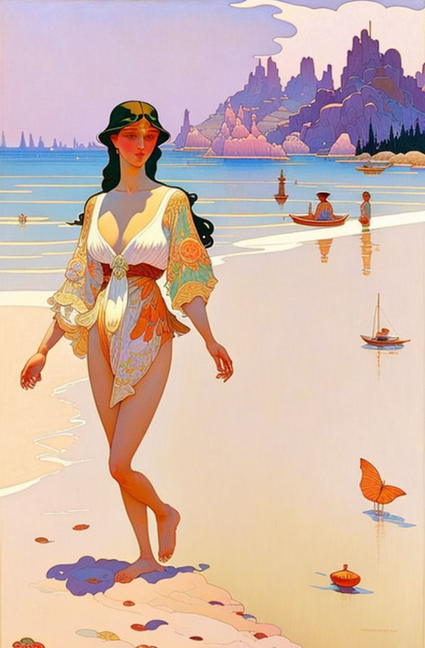 Illustrated woman in vintage attire walking on beach with serene lake and mountains in background.