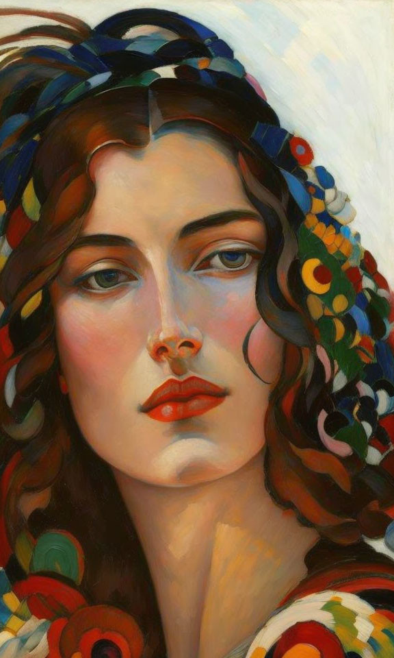 Colorful floral headpiece on woman with wavy hair in painted portrait