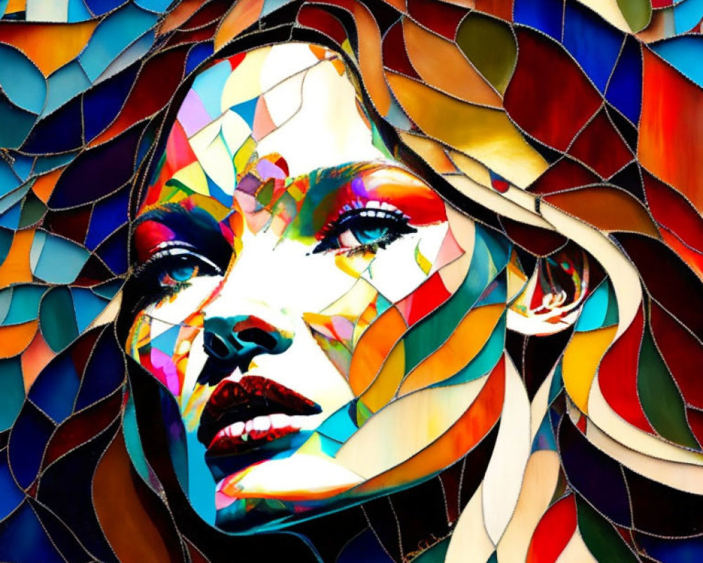 Colorful portrait of a woman with mosaic-like complexion on vibrant background