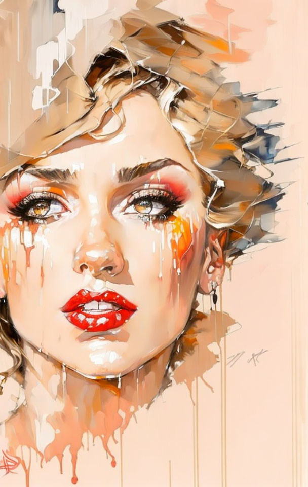 Abstract Portrait with Dripping Paint Effect and Red Lips