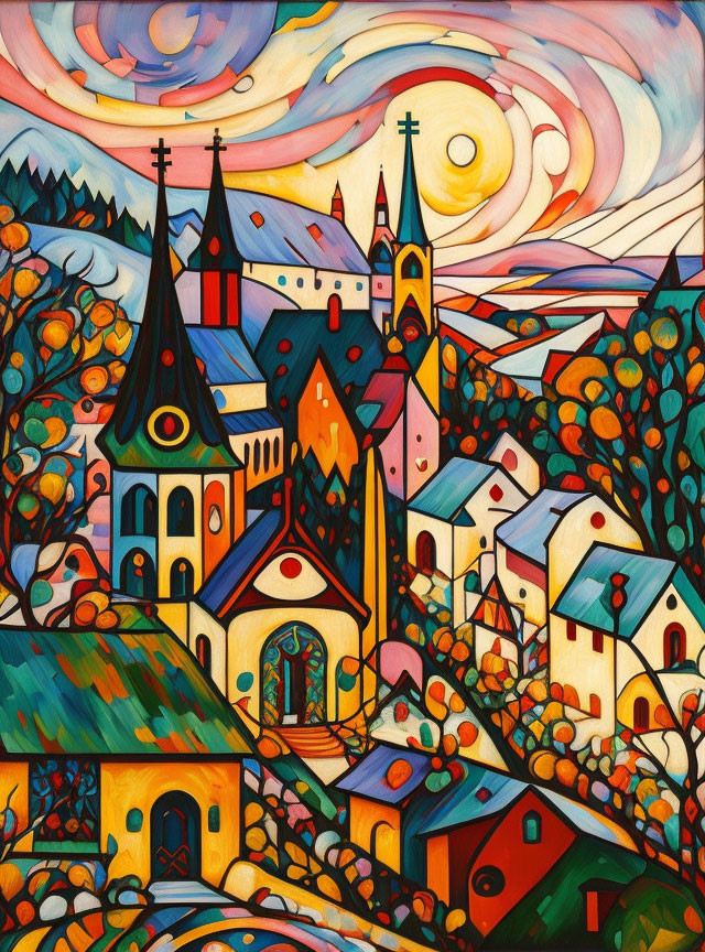Colorful Stylized Church and Houses Painting with Swirling Sky
