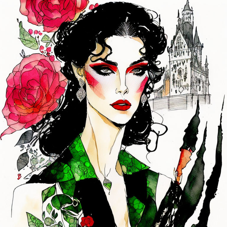 Illustrated woman with curly hair and red eye makeup in green floral garment among roses and gothic architecture