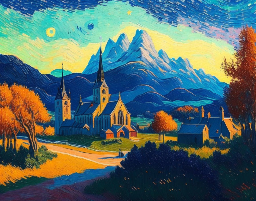 Colorful village painting with autumn trees, churches, and starry sky.
