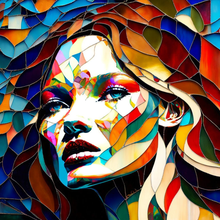 Colorful portrait of a woman with mosaic-like complexion on vibrant background