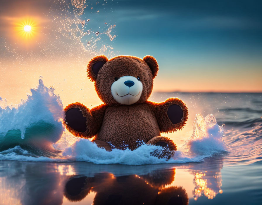 Teddy bear splashing in ocean :)