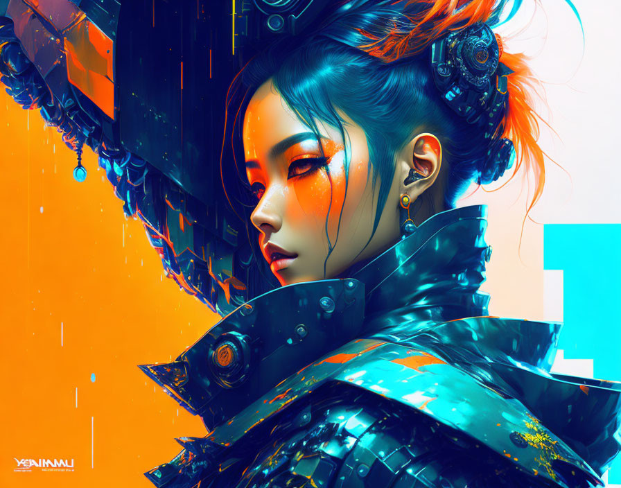 Digital illustration: Woman with cybernetic enhancements on orange and blue backdrop