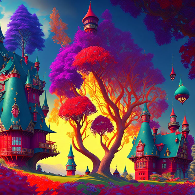 Fantasy landscape with whimsical castle and colorful luminous trees