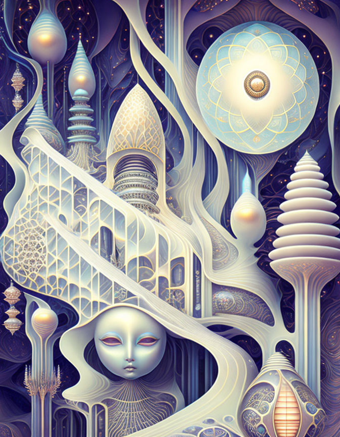 Ethereal face in surreal illustration with celestial motifs
