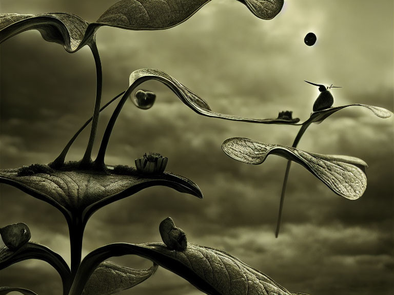 Monochromatic surreal scene with plants, snails, and dramatic sky