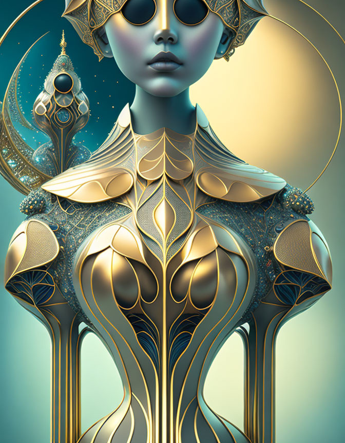 Digital artwork: Female figure in ornate golden armor and headdress, with serene blue face