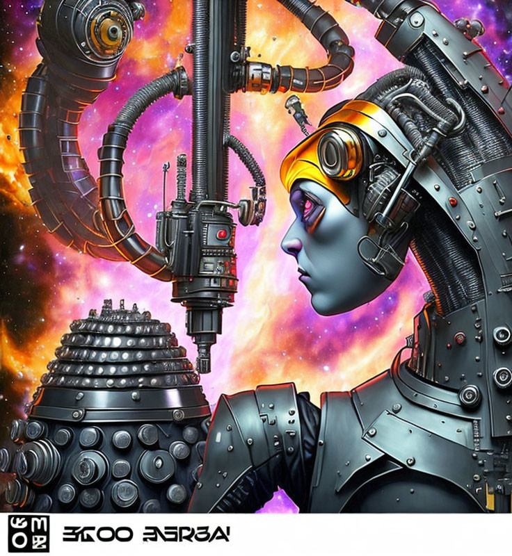 Detailed futuristic robotic woman with cosmic background and Dalek.
