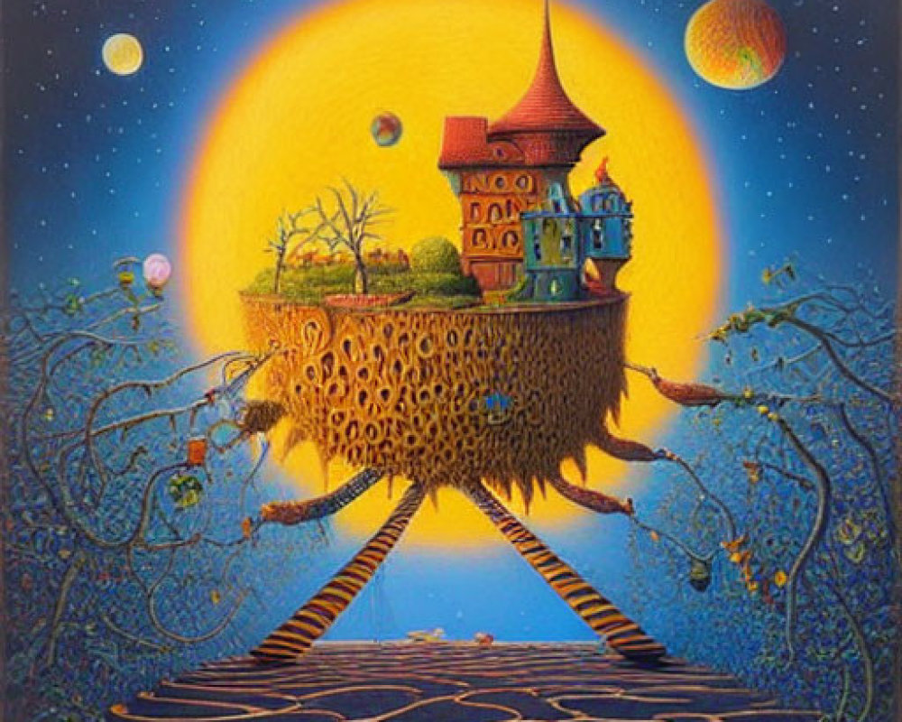Fantastical treehouse painting with red roof, floating planets, and starry sky