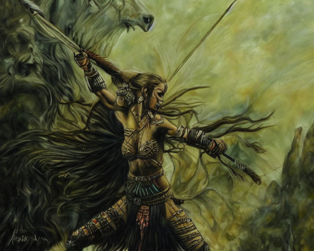 Warrior woman in tribal attire wields a spear amid intense battle