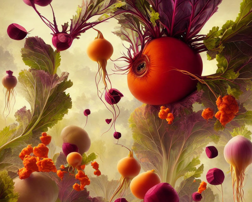 Surreal artwork: Large red root vegetable with eye, floating beets, turnips, and