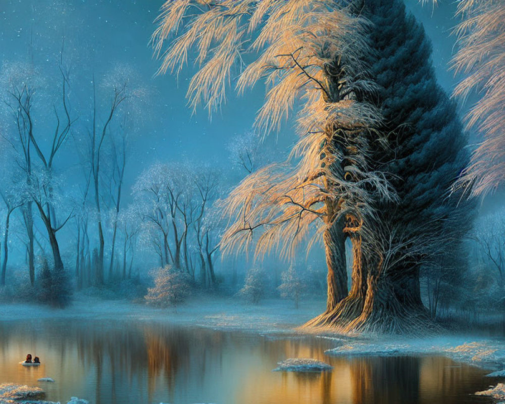 Snow-covered trees, calm lake, person on boat: serene winter scene.