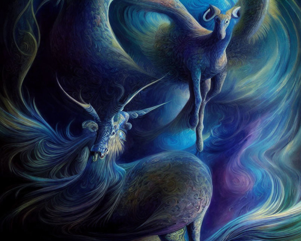Abstract surreal painting of blue goat-like creature in vivid blues and purples