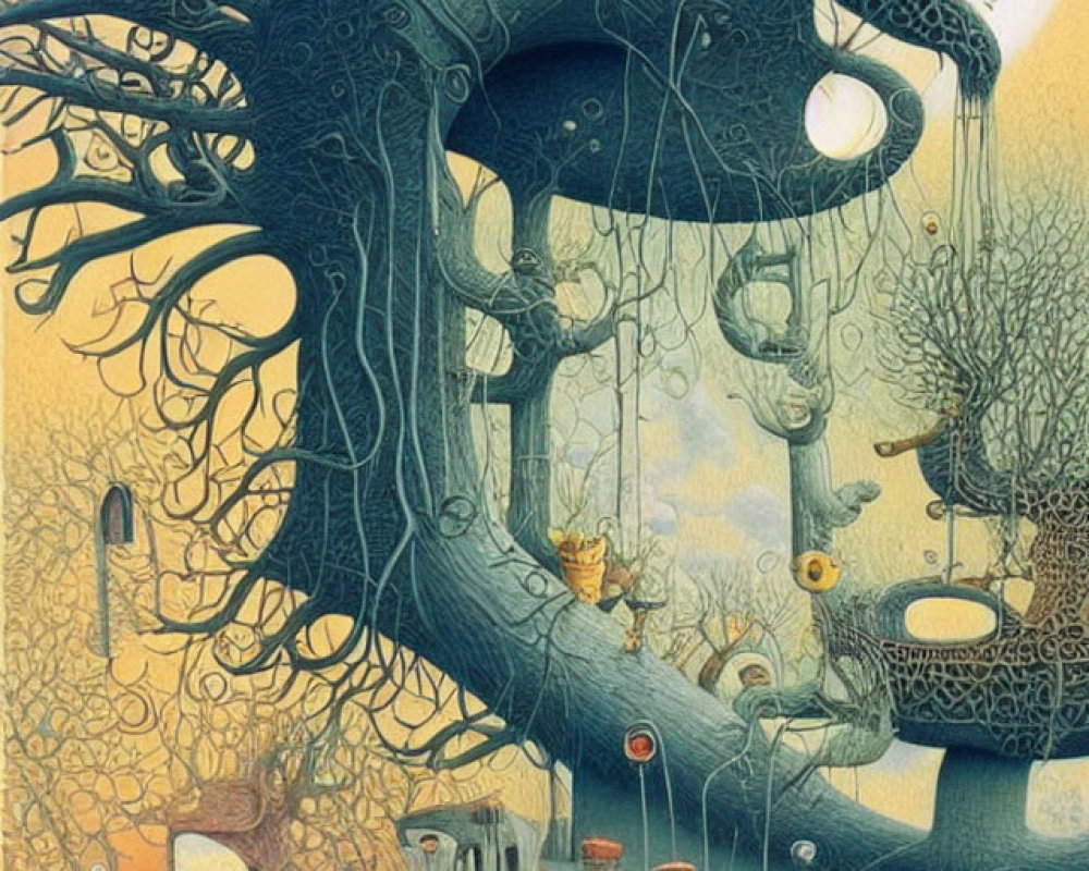 Whimsical tree illustration with spherical structures, ladders, cat, and orange backdrop.