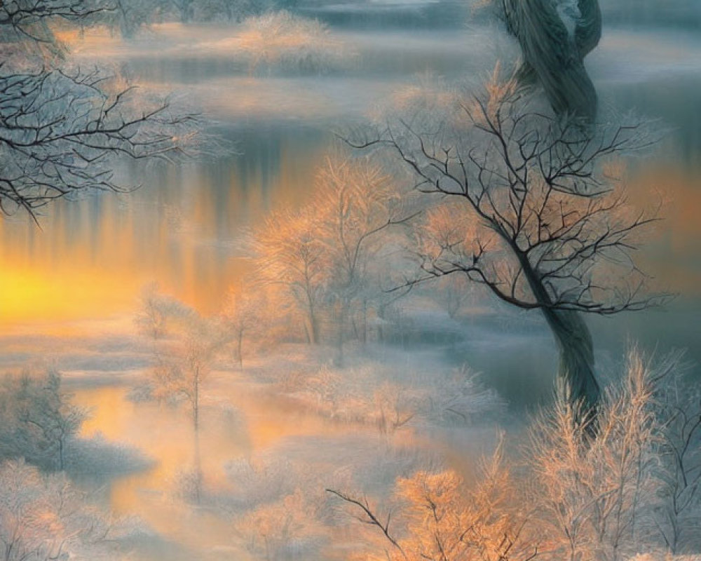 Frost-covered trees and golden sunrise over tranquil river in snowy landscape