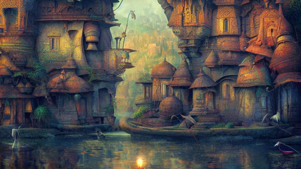 Fantastical village with ornate buildings by serene river