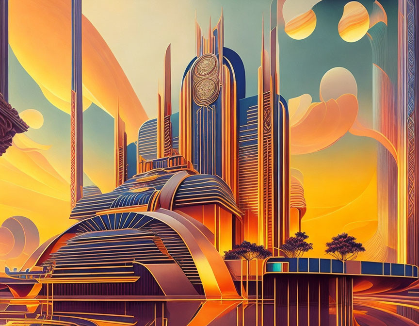 Stylized futuristic cityscape under orange sky: retro sci-fi aesthetic