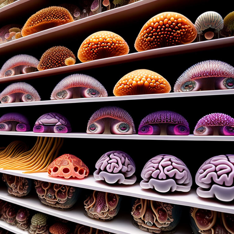 Surreal digital artwork of shelves with eyes, brains, and shells