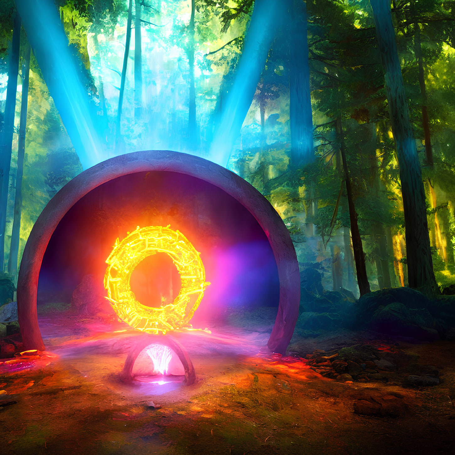 Mystic portal with glowing runes in sunlit forest clearing