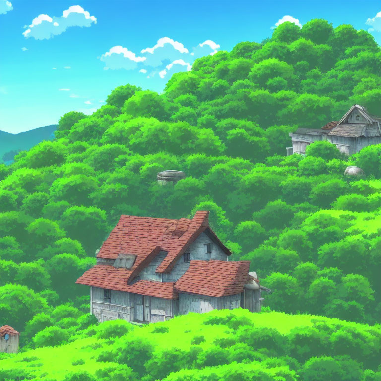 Rustic houses in quaint village amid lush green hills