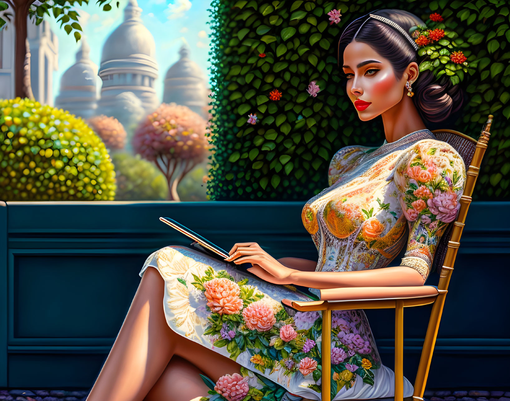 Woman in Floral Dress Reading Tablet Outdoors with Greenery and Architecture