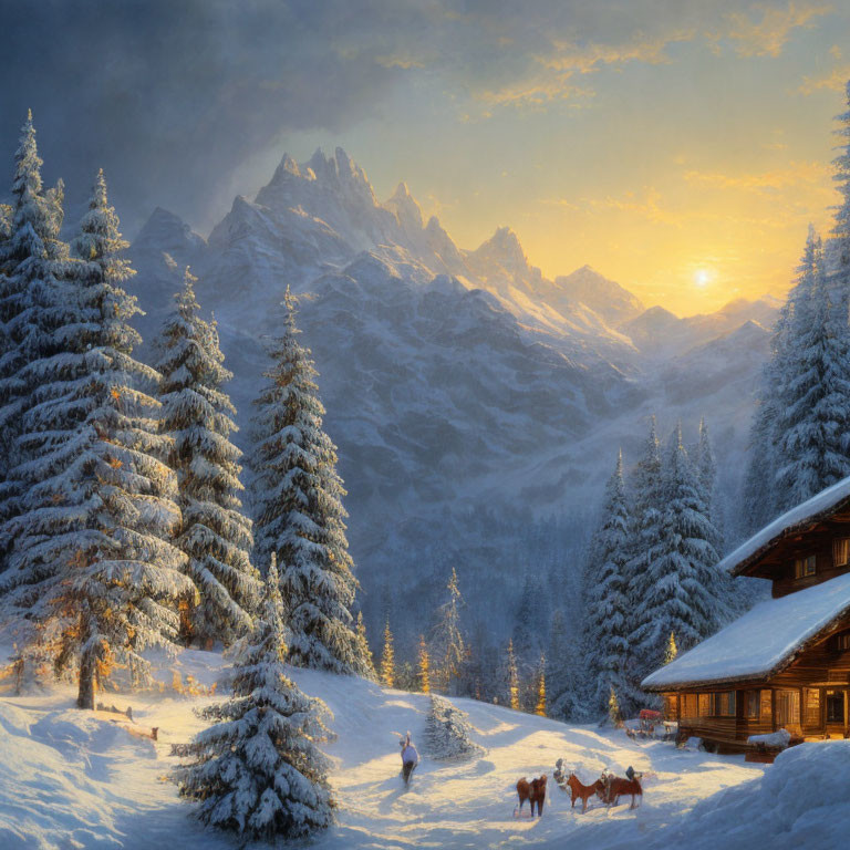 Snowy Winter Landscape with Trees, Mountains, Cabin, and Person with Dogs
