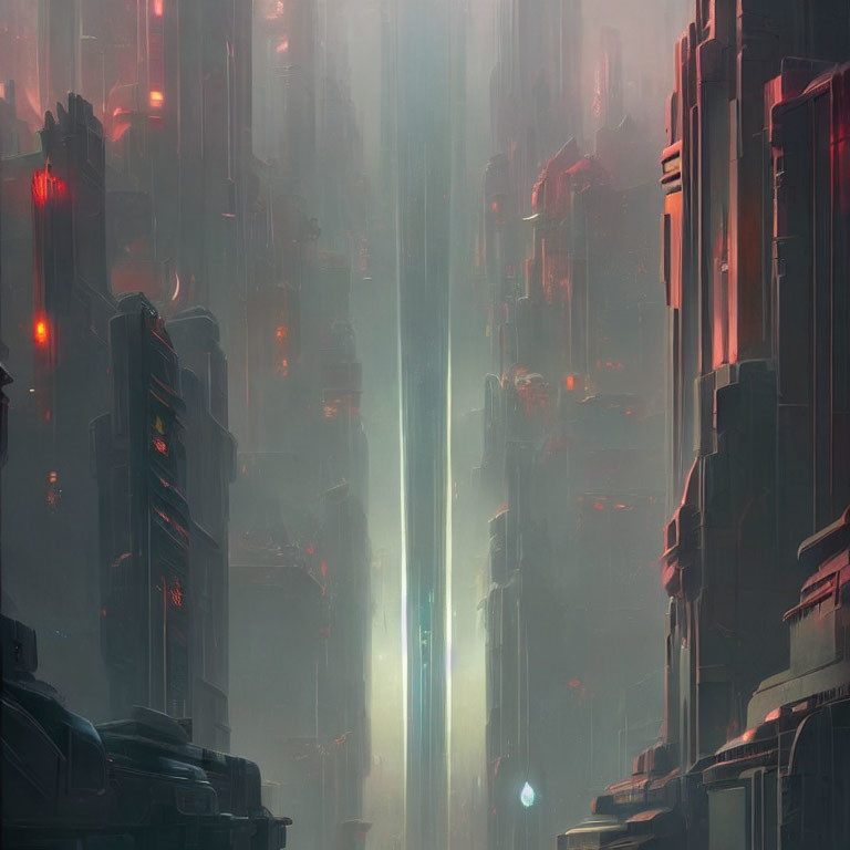 Densely packed skyscrapers in misty futuristic cityscape